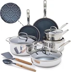 Blue Diamond Hybrid Nonstick Stainless Steel 12 Piece Cookware Set, Tri-ply Pfas. Fixed Price $206.07.